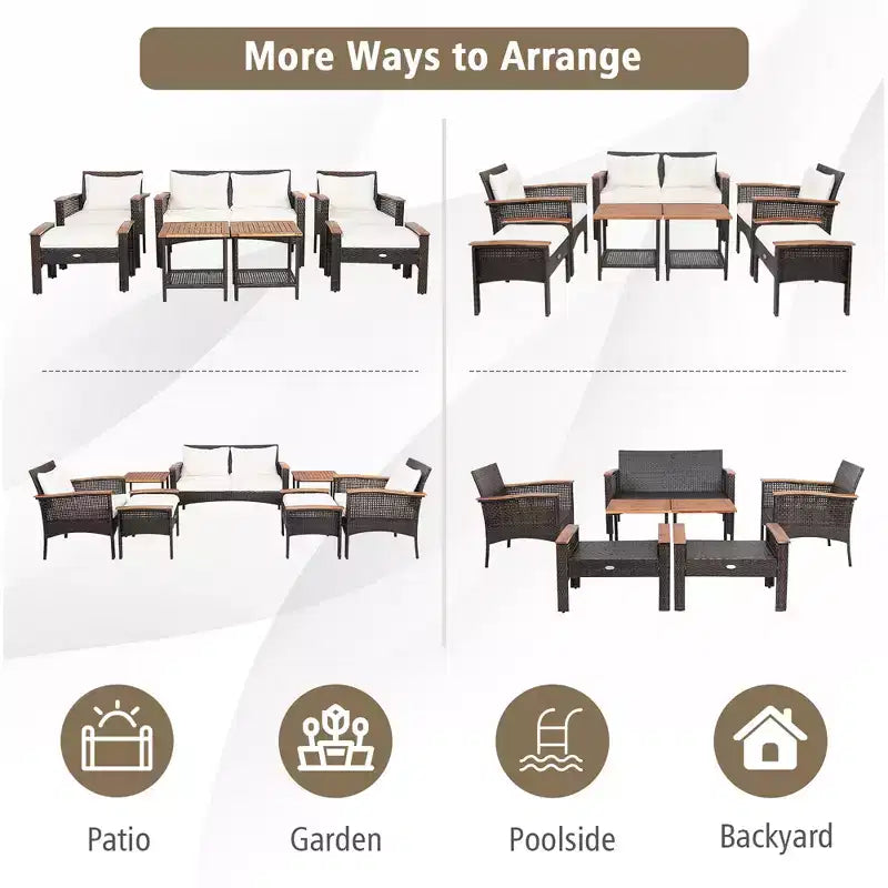 Ensemble de mobilier de patio Costway 7 pièces en rotin, canapé, causeuse, ottoman et table coussinés