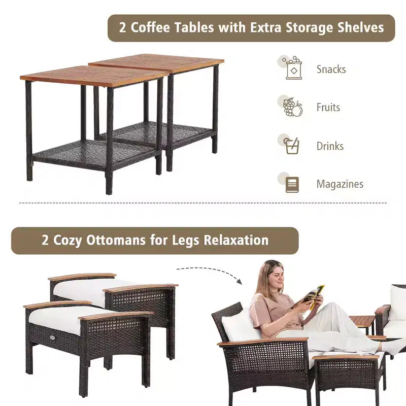 Ensemble de mobilier de patio Costway 7 pièces en rotin, canapé, causeuse, ottoman et table coussinés