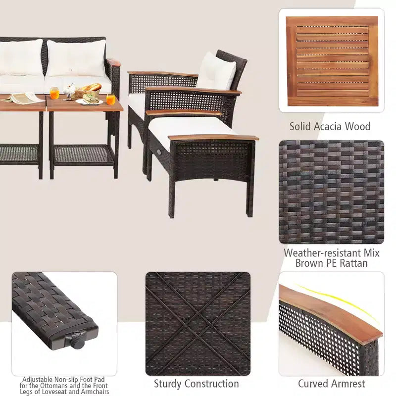 Ensemble de mobilier de patio Costway 7 pièces en rotin, canapé, causeuse, ottoman et table coussinés