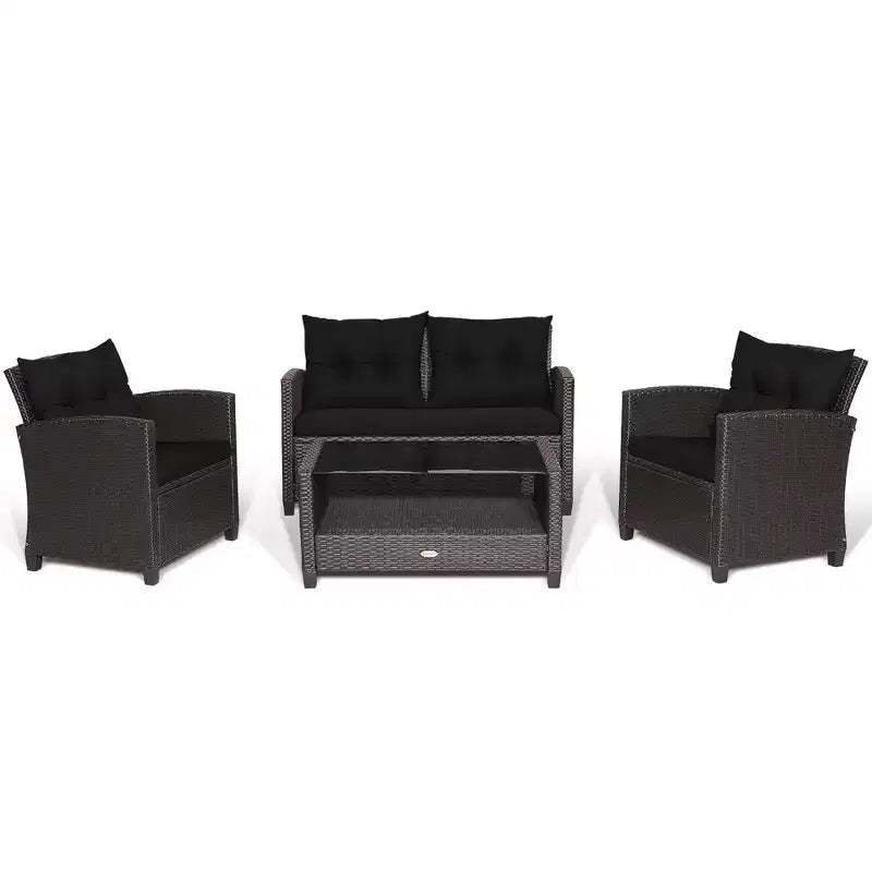 Costway Salon de Jardin 4 Pièces en Rotin avec Table en Verre Étagère Canapé et Coussins