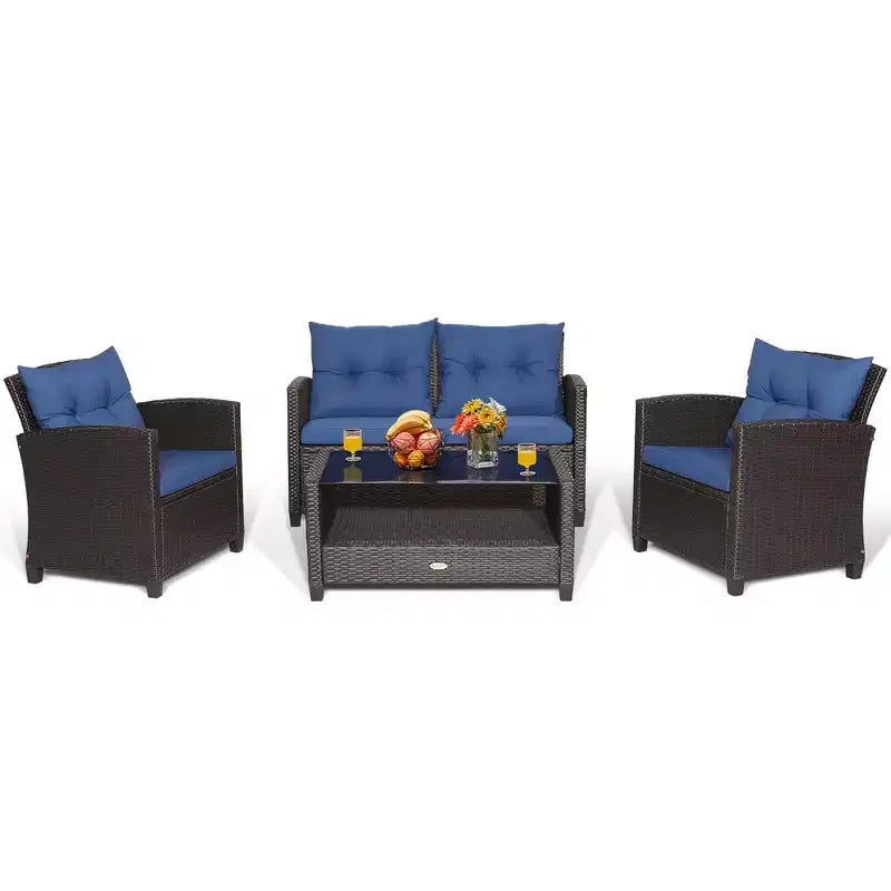 Costway Salon de Jardin 4 Pièces en Rotin avec Table en Verre Étagère Canapé et Coussins