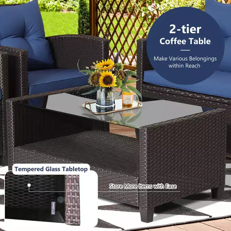Costway Salon de Jardin 4 Pièces en Rotin avec Table en Verre Étagère Canapé et Coussins