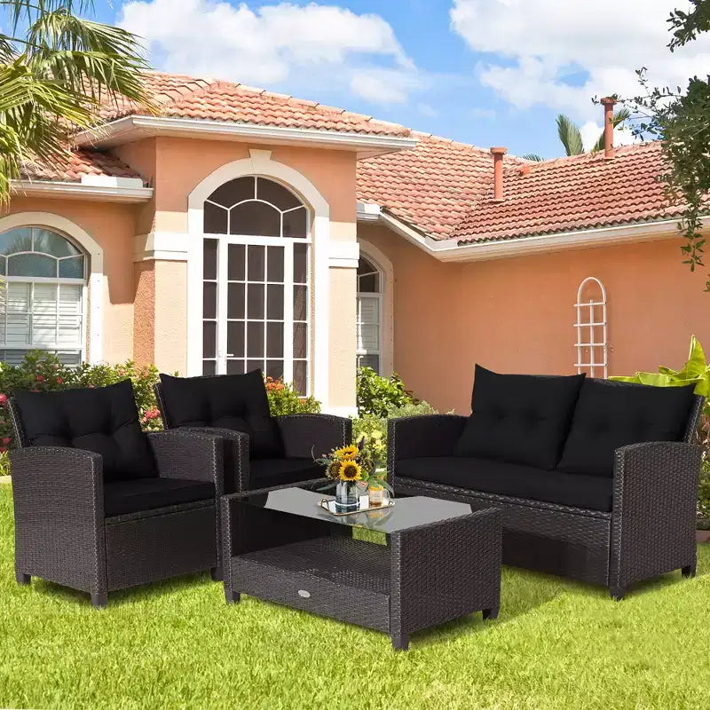 Costway Salon de Jardin 4 Pièces en Rotin avec Table en Verre Étagère Canapé et Coussins
