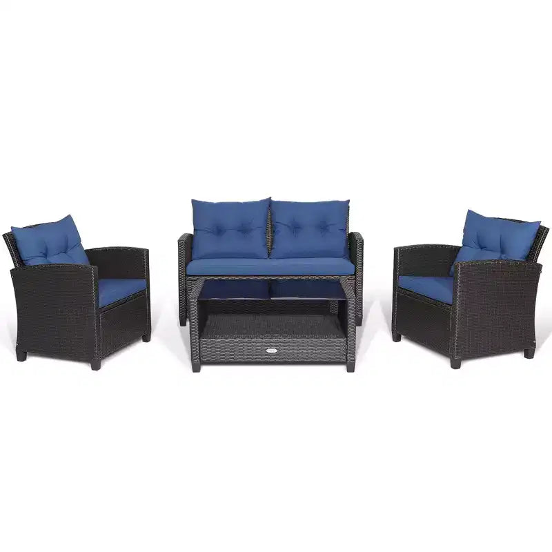 Costway Salon de Jardin 4 Pièces en Rotin avec Table en Verre Étagère Canapé et Coussins