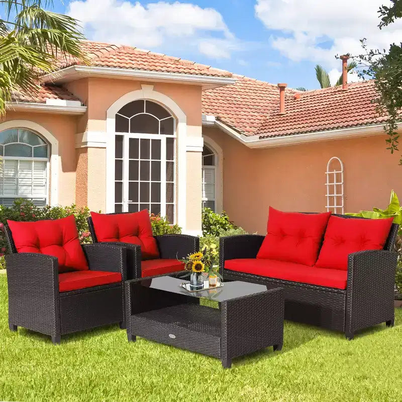 Costway Salon de Jardin 4 Pièces en Rotin avec Table en Verre Étagère Canapé et Coussins