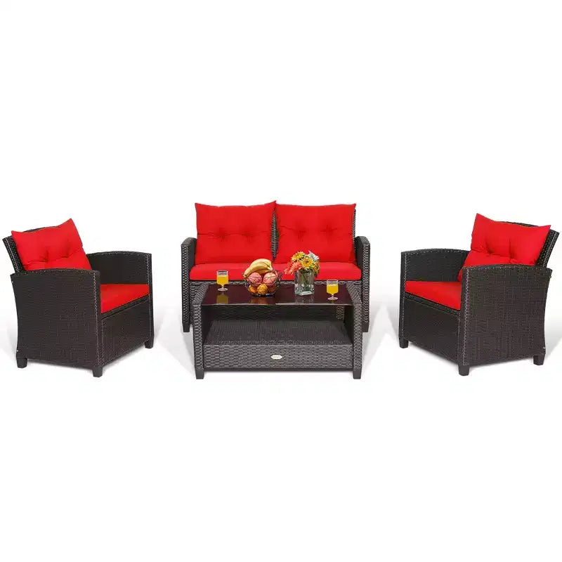 Costway Salon de Jardin 4 Pièces en Rotin avec Table en Verre Étagère Canapé et Coussins