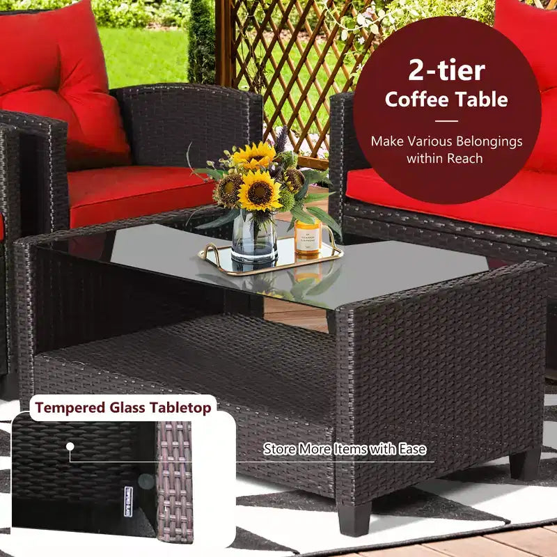 Costway Salon de Jardin 4 Pièces en Rotin avec Table en Verre Étagère Canapé et Coussins
