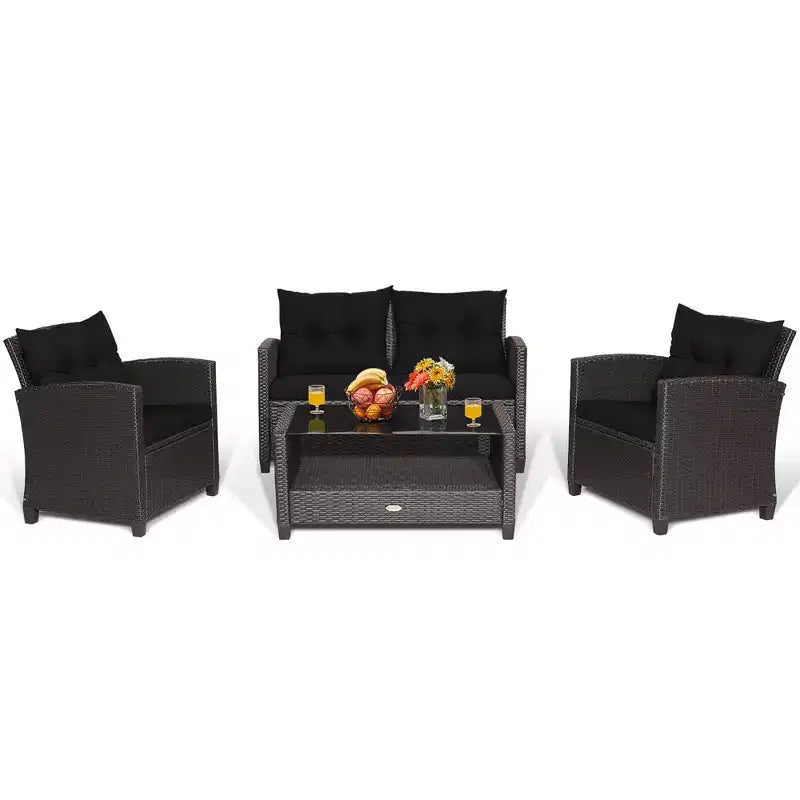 Costway Salon de Jardin 4 Pièces en Rotin avec Table en Verre Étagère Canapé et Coussins