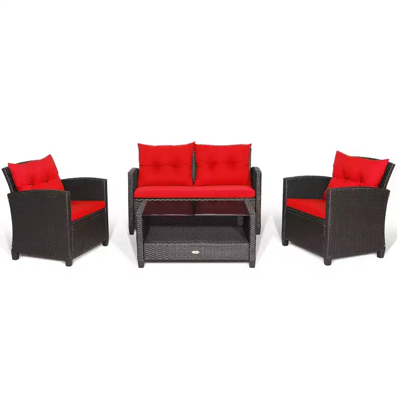 Costway Salon de Jardin 4 Pièces en Rotin avec Table en Verre Étagère Canapé et Coussins