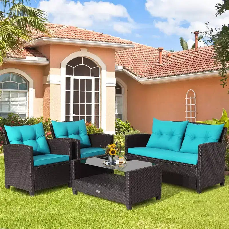 Costway Salon de Jardin 4 Pièces en Rotin avec Table en Verre Étagère Canapé et Coussins