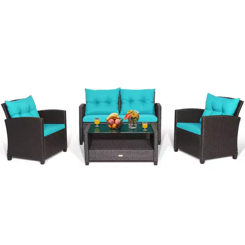 Costway Salon de Jardin 4 Pièces en Rotin avec Table en Verre Étagère Canapé et Coussins