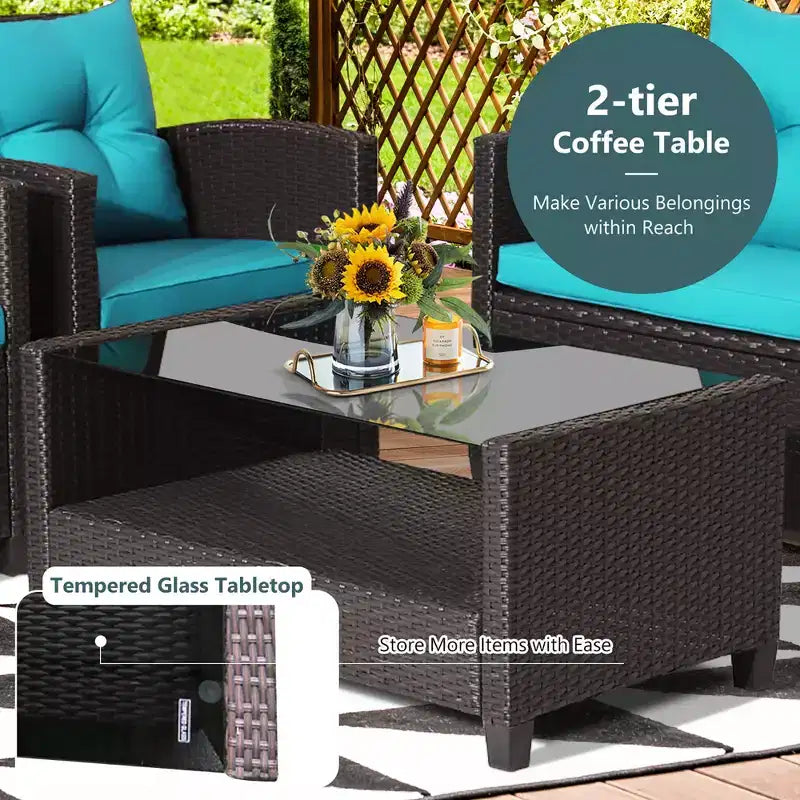 Costway Salon de Jardin 4 Pièces en Rotin avec Table en Verre Étagère Canapé et Coussins