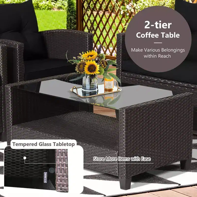 Costway Salon de Jardin 4 Pièces en Rotin avec Table en Verre Étagère Canapé et Coussins