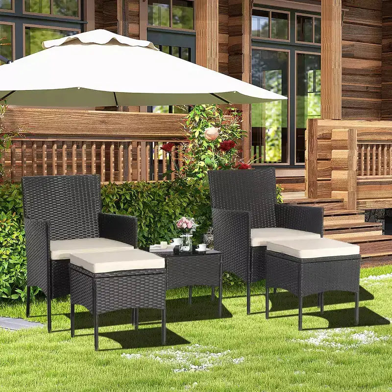 Costway Ensemble de Meubles de Jardin 5 Pièces en Rotin avec Canapé Coussins Repose-Pieds Accoudoirs Table d'Appoint