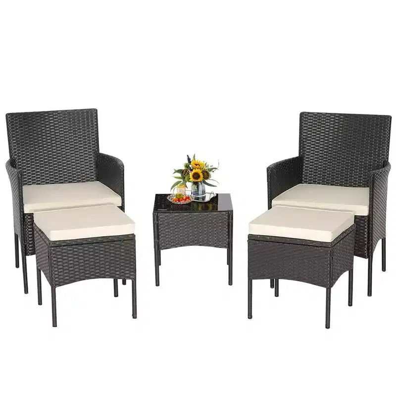 Costway Ensemble de Meubles de Jardin 5 Pièces en Rotin avec Canapé Coussins Repose-Pieds Accoudoirs Table d'Appoint