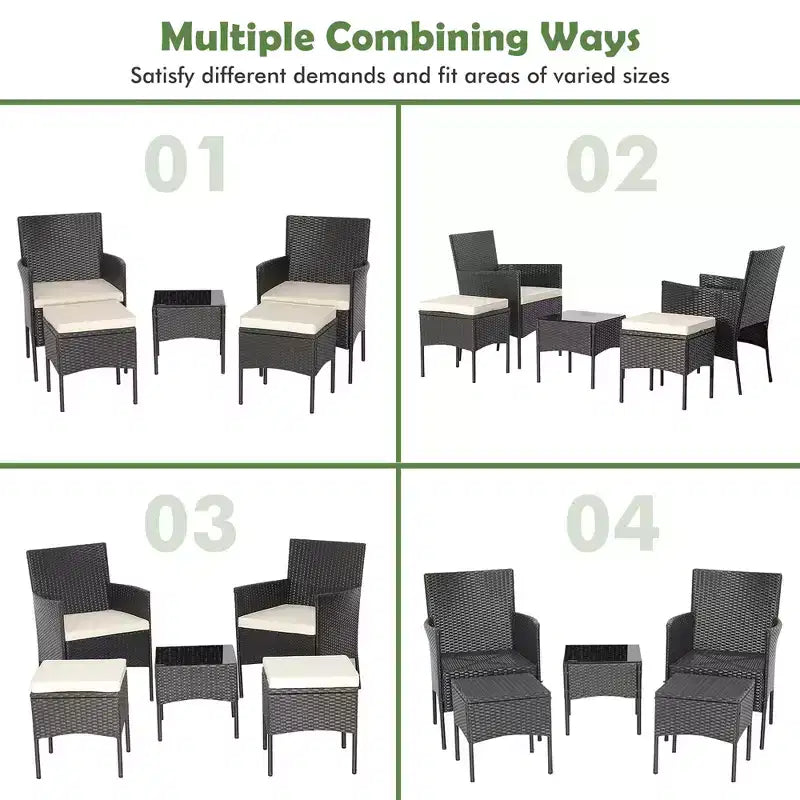 Costway Ensemble de Meubles de Jardin 5 Pièces en Rotin avec Canapé Coussins Repose-Pieds Accoudoirs Table d'Appoint