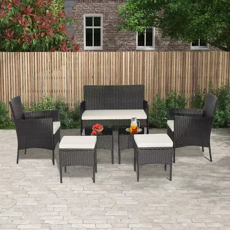 Costway Ensemble de Meubles de Patio 7 pièces en Rotin Canapé Table Ottomane en Métal Coussiné Extérieur Piscine