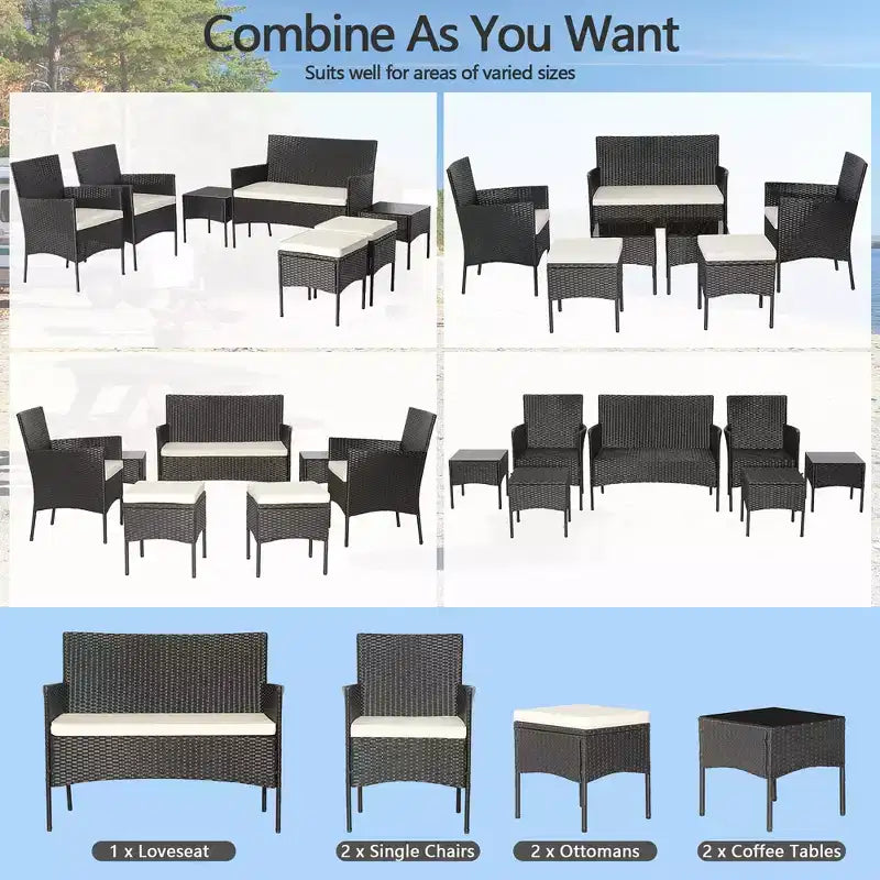 Costway Ensemble de Meubles de Patio 7 pièces en Rotin Canapé Table Ottomane en Métal Coussiné Extérieur Piscine