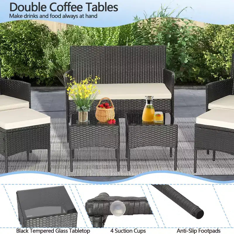 Costway Ensemble de Meubles de Patio 7 pièces en Rotin Canapé Table Ottomane en Métal Coussiné Extérieur Piscine