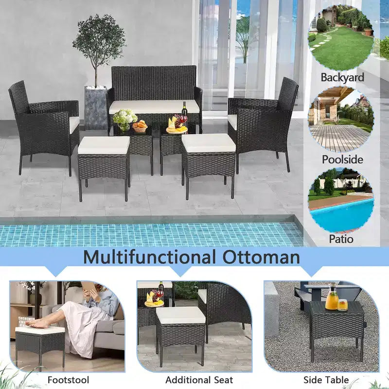 Costway Ensemble de Meubles de Patio 7 pièces en Rotin Canapé Table Ottomane en Métal Coussiné Extérieur Piscine