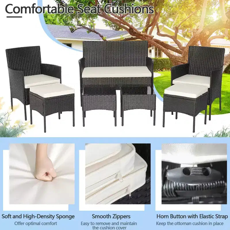 Costway Ensemble de Meubles de Patio 7 pièces en Rotin Canapé Table Ottomane en Métal Coussiné Extérieur Piscine