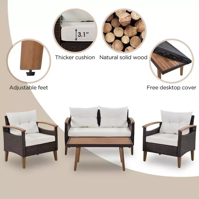 Ensemble de conversation 4 pièces en rotin PE pour terrasse, avec plateau et pieds en bois - ModernLuxe