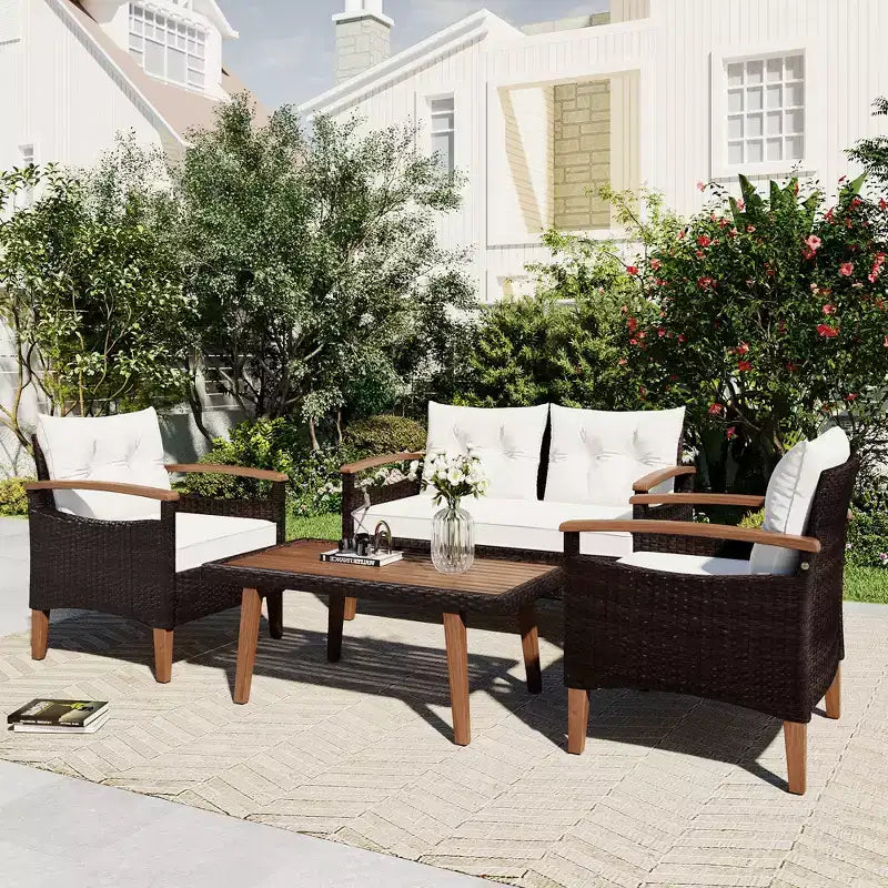 Ensemble de conversation 4 pièces en rotin PE pour terrasse, avec plateau et pieds en bois - ModernLuxe