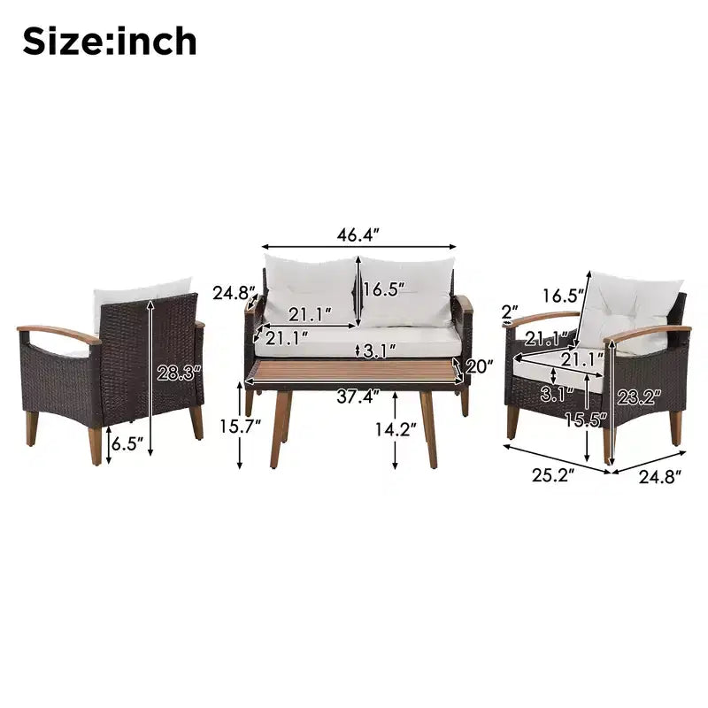 Ensemble de conversation 4 pièces en rotin PE pour terrasse, avec plateau et pieds en bois - ModernLuxe