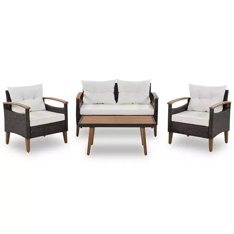 Ensemble de conversation 4 pièces en rotin PE pour terrasse, avec plateau et pieds en bois - ModernLuxe