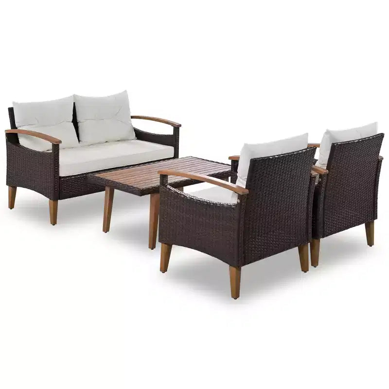 Ensemble de conversation 4 pièces en rotin PE pour terrasse, avec plateau et pieds en bois - ModernLuxe