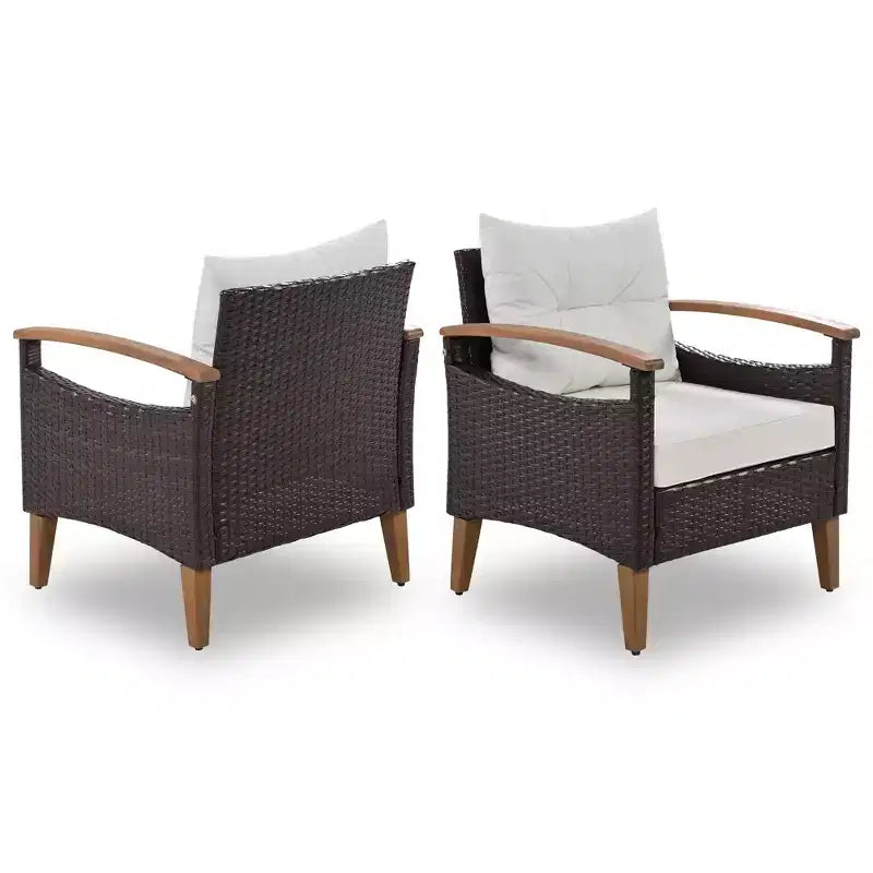 Ensemble de conversation 4 pièces en rotin PE pour terrasse, avec plateau et pieds en bois - ModernLuxe