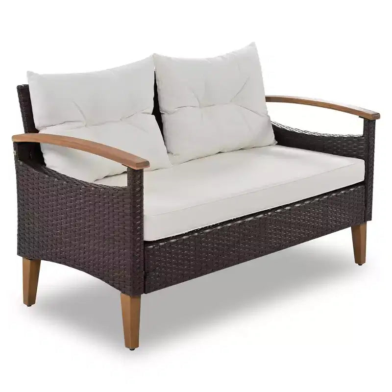Ensemble de conversation 4 pièces en rotin PE pour terrasse, avec plateau et pieds en bois - ModernLuxe