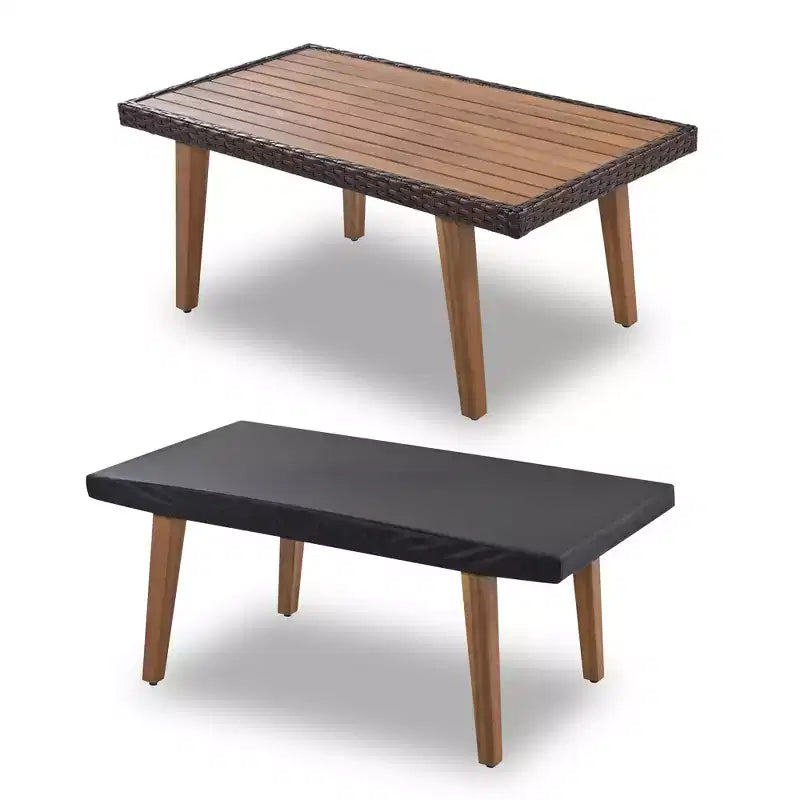 Ensemble de conversation 4 pièces en rotin PE pour terrasse, avec plateau et pieds en bois - ModernLuxe