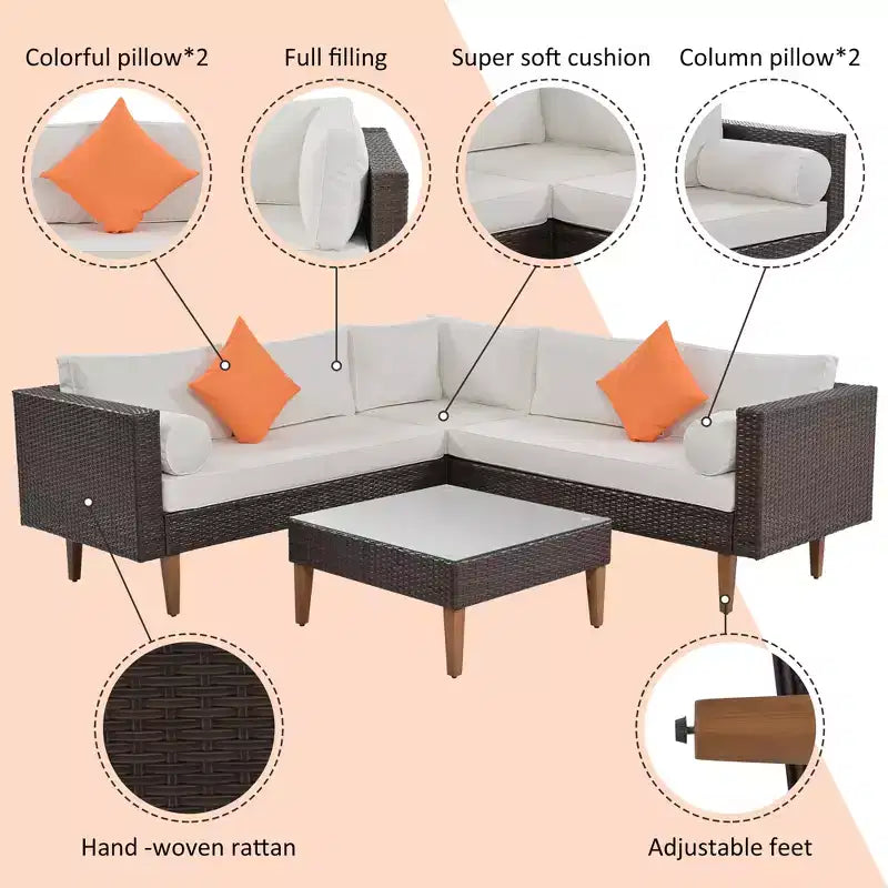 Ensemble de canapé d'extérieur en osier 4 pièces, ensemble de canapé de patio en forme de L avec oreillers colorés - ModernLuxe