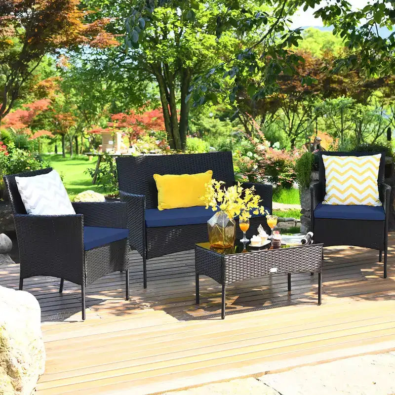 Costway Salon de Jardin en Résine Tressée 4 Pièces avec Table Basse et Coussins Déhoussables