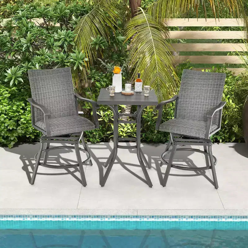 Costway Ensemble de 3 Tabourets de Bar en Rotin pour Patio, Chaises Pivotantes à 360° en Aluminium avec Siège Rembourré