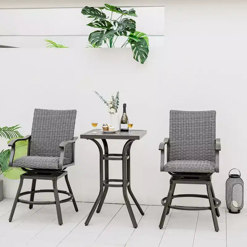 Costway Ensemble de 3 Tabourets de Bar en Rotin pour Patio, Chaises Pivotantes à 360° en Aluminium avec Siège Rembourré