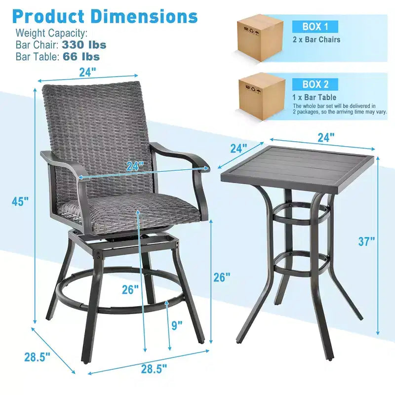Costway Ensemble de 3 Tabourets de Bar en Rotin pour Patio, Chaises Pivotantes à 360° en Aluminium avec Siège Rembourré