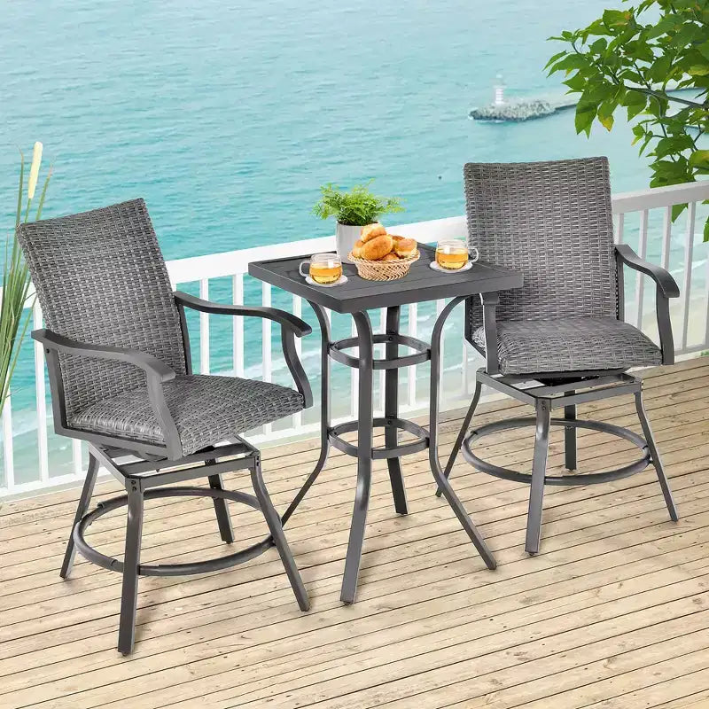 Costway Ensemble de 3 Tabourets de Bar en Rotin pour Patio, Chaises Pivotantes à 360° en Aluminium avec Siège Rembourré