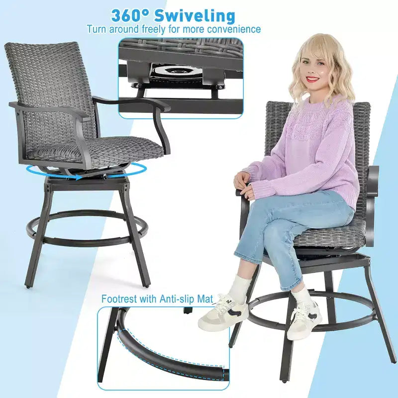 Costway Ensemble de 3 Tabourets de Bar en Rotin pour Patio, Chaises Pivotantes à 360° en Aluminium avec Siège Rembourré