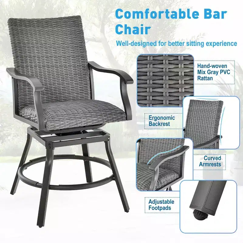 Costway Ensemble de 3 Tabourets de Bar en Rotin pour Patio, Chaises Pivotantes à 360° en Aluminium avec Siège Rembourré