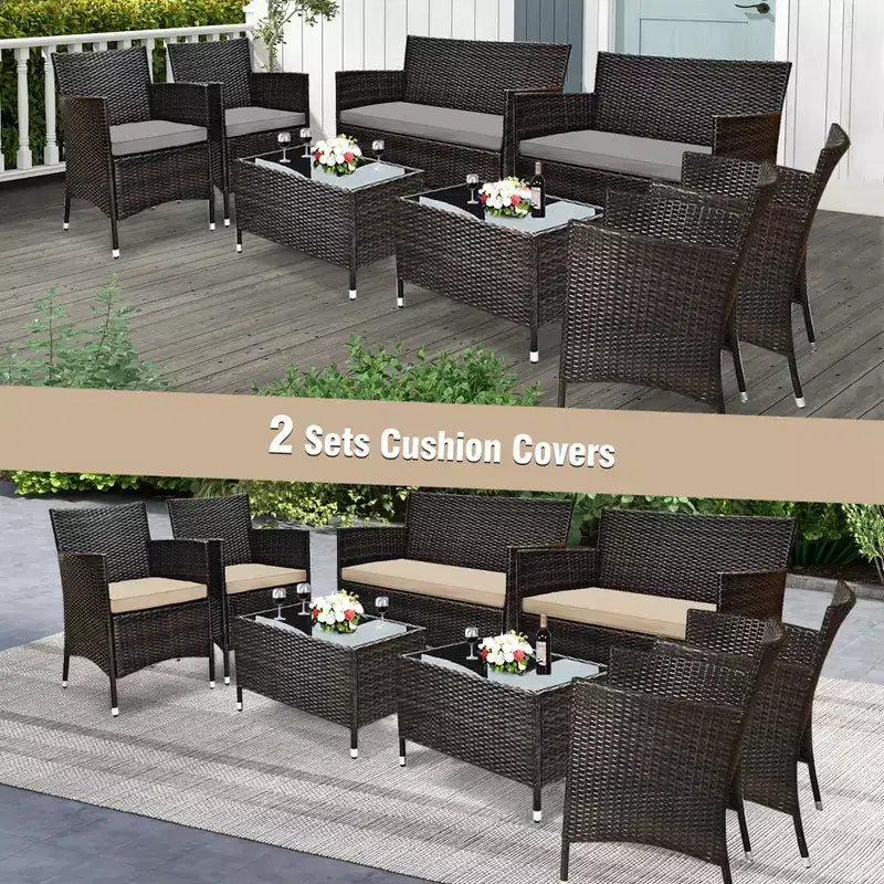 Costway Ensemble de meubles de patio en osier 8 pièces Chaise-canapé avec housses de coussin marron et rouge Jardin