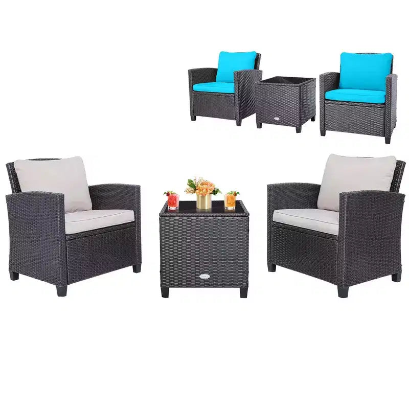 Costway Ensemble de mobilier de jardin 3 pièces en osier avec coussins de terrasse beiges et bleus marine Balcon