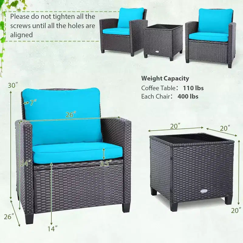 Costway Ensemble de mobilier de jardin 3 pièces en osier avec coussins de terrasse beiges et bleus marine Balcon