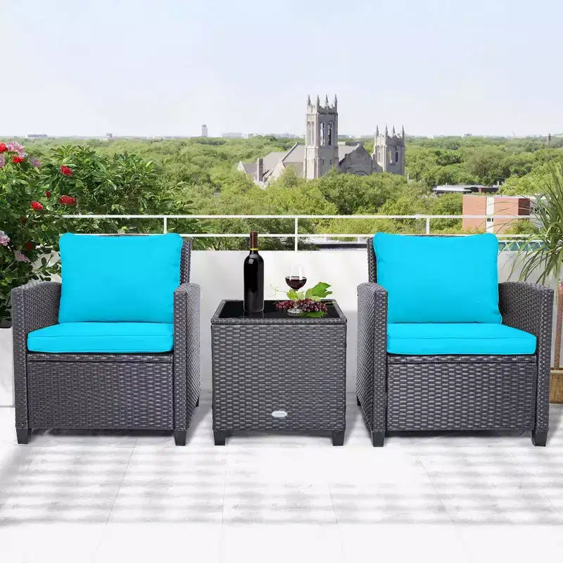 Costway Ensemble de mobilier de jardin 3 pièces en osier avec coussins de terrasse beiges et bleus marine Balcon