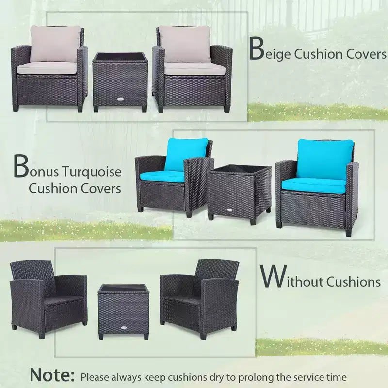 Costway Ensemble de mobilier de jardin 3 pièces en osier avec coussins de terrasse beiges et bleus marine Balcon