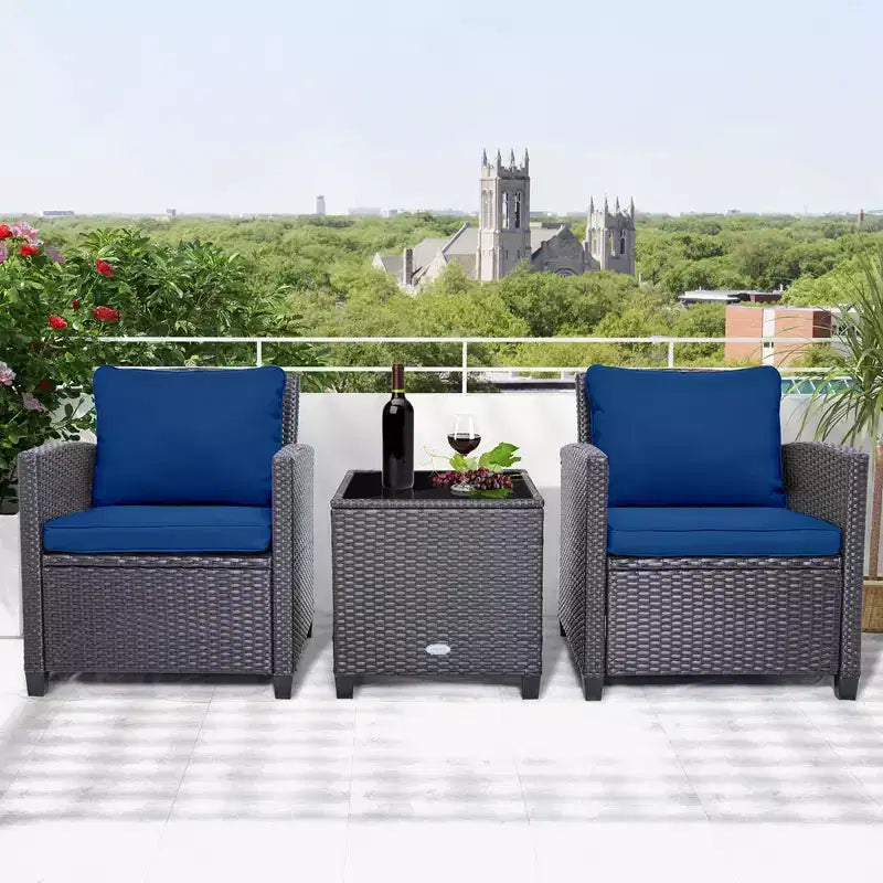 Costway Ensemble de mobilier de jardin 3 pièces en osier avec coussins de terrasse beiges et bleus marine Balcon