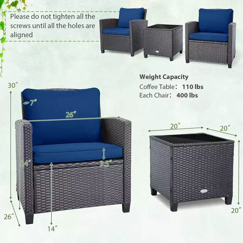 Costway Ensemble de mobilier de jardin 3 pièces en osier avec coussins de terrasse beiges et bleus marine Balcon