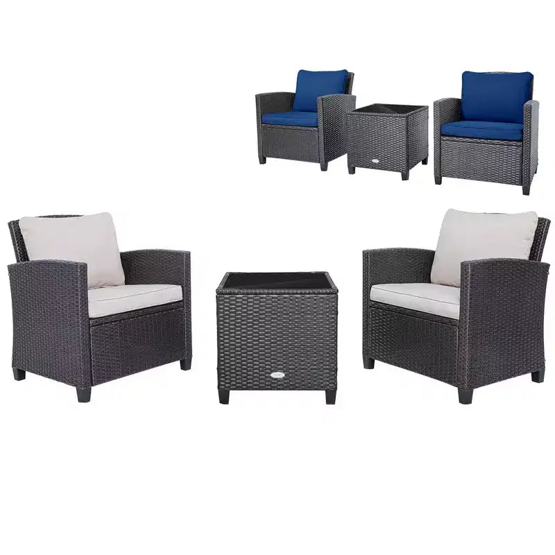 Costway Ensemble de mobilier de jardin 3 pièces en osier avec coussins de terrasse beiges et bleus marine Balcon