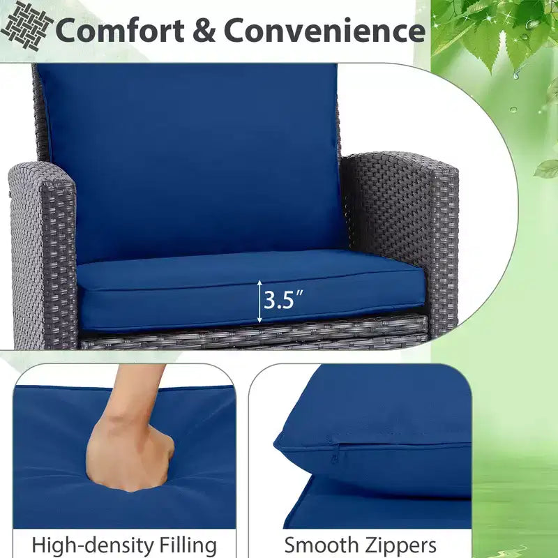 Costway Ensemble de mobilier de jardin 3 pièces en osier avec coussins de terrasse beiges et bleus marine Balcon